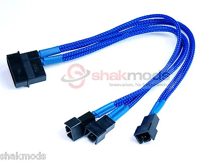 Shakmods 4pin Molex To 3x 3pin Fan 7v Splitter 20cm Power Cable DarkBlue Sleeved • £5.99