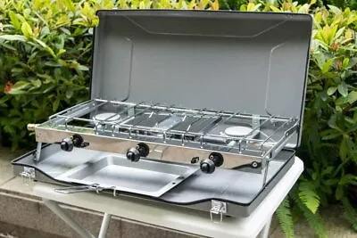 Camping Stove Chef Folding Double Burner Stove Portable Cooker With Grill BBQ UK • £35.99