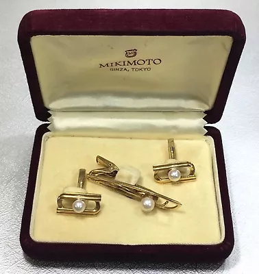 Vintage Mikimoto 14K Yellow Gold Pearl Tie Bar And Cufflink Set • $800