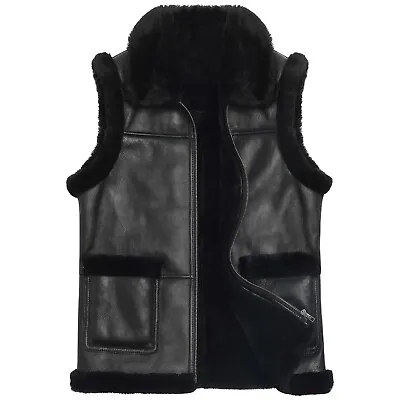 Men's Black Sheepskin Shearling Faux Fur Lined Vest Sleeveless Leather Waistcoat • $118