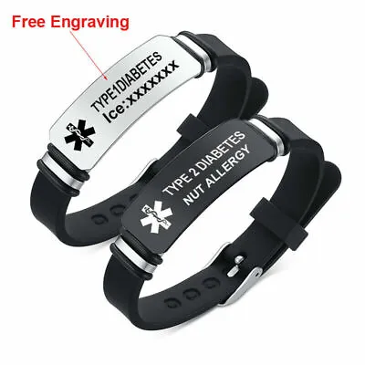 Black Medical Alert ID Bracelet Silicone Wristband  Personalized Laser Engraving • £6.59