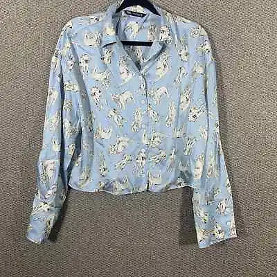 ZARA Shirt Womens Size Small Blue Dog Print Satin Long Sleeves Button Up Cropped • $22.39