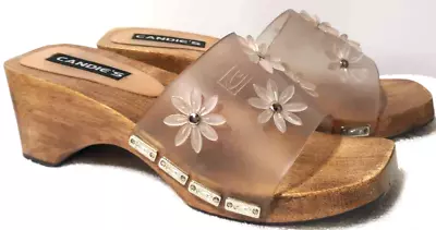 Candies Slide Sandals Womens 6M Clear Jelly Strap Floral Wood Vintage Y2k 4816 • $30.95