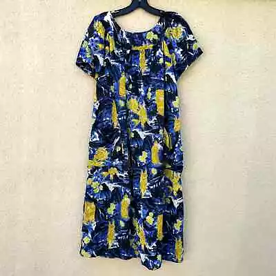 Vintage 1970s Mumu Dress Blue Gold Barkcloth Asian L XL • $125