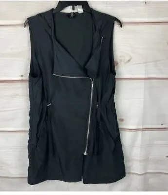 H&M Divided Asymmetrical Hooded Zip Up Vest Womens 10 Black Drawstring Tunic • $18.50