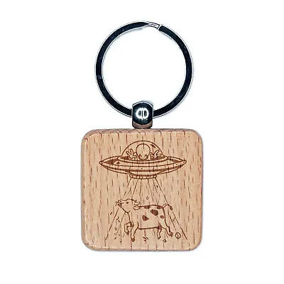 Alien UFO Abducting A Cow Engraved Wood Square Keychain Tag Charm • $9.99