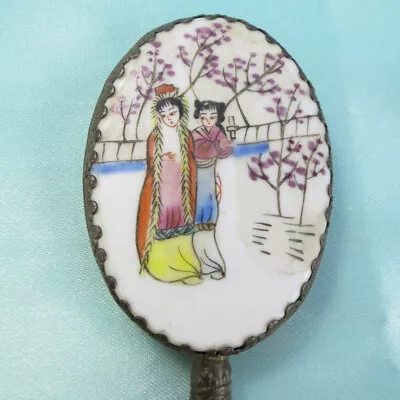 Vintage Asian Hand Held Mirror For Purse Vanity Glass & Porcelain Handheld • $19.99