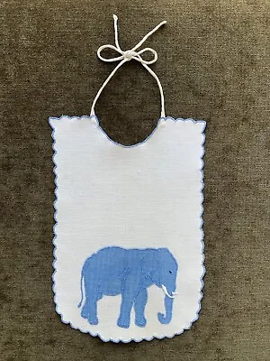 Vintage Baby Bib Madeira Embroidered Applique Blue Elephant Nursery Decor Linen • $29