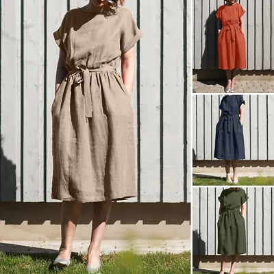$31.24 • Buy ZANZEA Womens Short Sleeve A Line Solid Cotton Linen Holiday Beach Long Dress AU