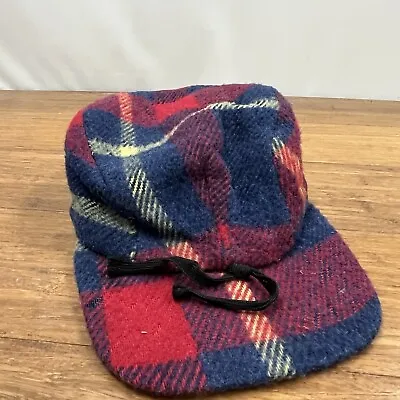 Vintage 100% Wool Plaid Red And Black Hunting Hat Cap With Ear Flaps Large L See • $17.47