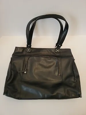 Vintage ILI Black Leather Large Handbag Tote Purse Shoulder Bag Leopard Print  • $39.95