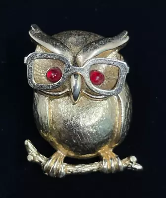 Vintage Gold Tone Wise Owl Pin Brooch By Sarah Coventry Moving Glasses Red Eyes • $12