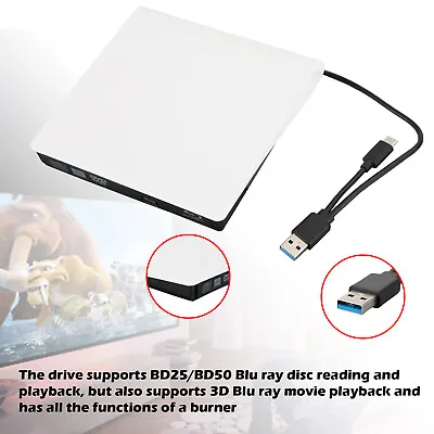 USB&Type-c 2 IN 1 External Blu Ray Disc Writer + Reader BD CD DVD Drive USB/3.0 • £70.89
