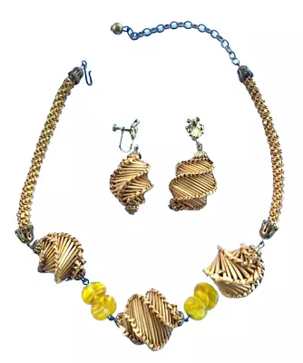 Early Miriam Haskell Woven Raffia Yellow Ruffled Glass Bead Necklace Earring Set • $55