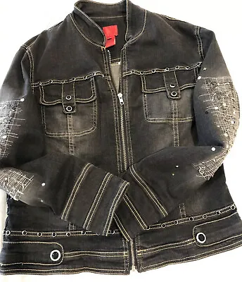 $19.50 • Buy V Cristina Womans Large Black Decorative Denim Jacket Zip Up