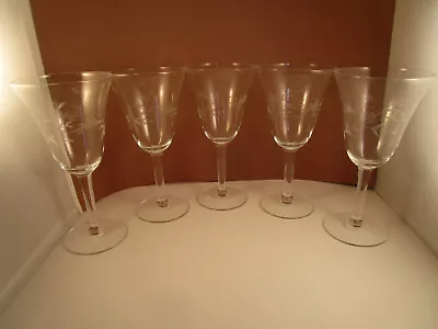 Vintage Set Of 5 Cut Leaves Clear Glass Wine Water Goblets Glasses • $39.99