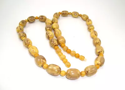 Yellow W/ Brown Swirls Bakelite Round & Oval Bead Necklace 35 Inches Long • $70