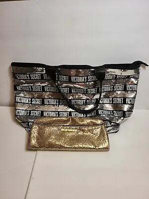 VICTORIA SECRET-Black Silver Sequin XL Large Tote Bag-Gold Sparkle Bag • $15.95