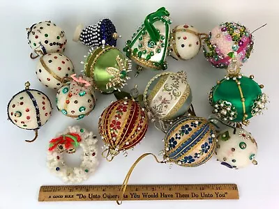 LOT Vintage Handmade Sequin Beaded Push Pin & Crochet Wreath Christmas Ornaments • $39.95