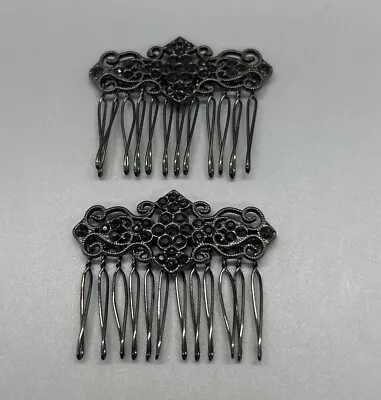 Vintage Black Hair Combs Dark Metal Clear Rhinestones Set Of  2 • $24.99