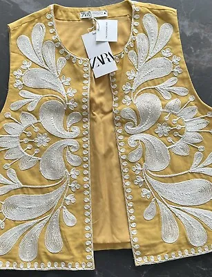 ZARA Mustard Floral Embroidered Gilet Waistcoat Size XXL Bloggers Boho Festival • $74.66