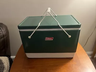 Vintage Coleman Green Metal Cooler Camping Ice Chest W/ Folding Handles 1973 • $110