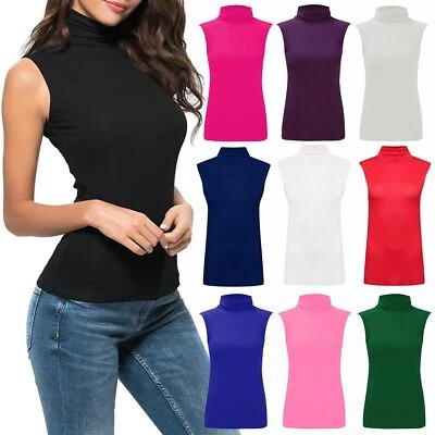 £3.99 • Buy Women Petite Plain Sleeveless Turtle Polo Roll Neck Stretch T-Shirt Top Jumper