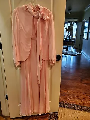 Handmade Vintage Pink Chiffon Crepe Evening Gown Dress With Jacket -- Size 8 • $39