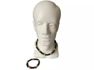 2pcs Rasta Reggae Punk Hiphop Glass Seed Beads Necklace Bracelet Wood Choka 18'' • $10.96