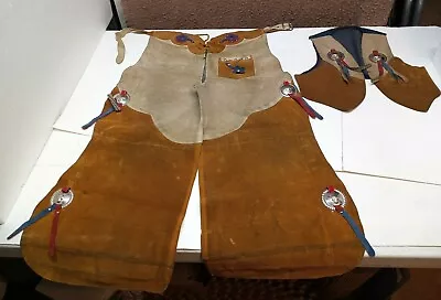 Vintage CHILDS TOY COWBOY CHAPS VEST LEATHER 32  Long KIDS BOY GIRL CHILDREN   • $125