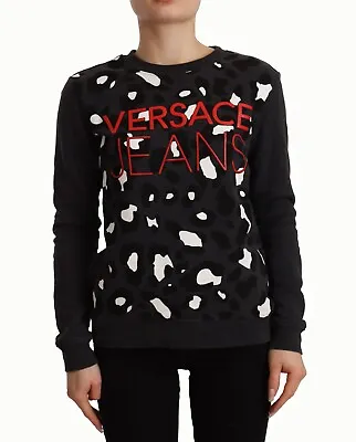 VERSACE JEANS Sweater Black Cotton Leopard Long Sleeves Pullover IT42/US8/M $400 • $99.50