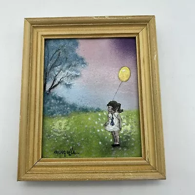 Signed Mingolla Framed Enamel On Copper Painting Girl With Balloon 4x6” Frame • $44.89