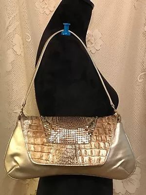 $49.99 • Buy Treesje Pale Gold Leather, Embossed Croc & Beaded Bag/Clutch Removable Strap EUC