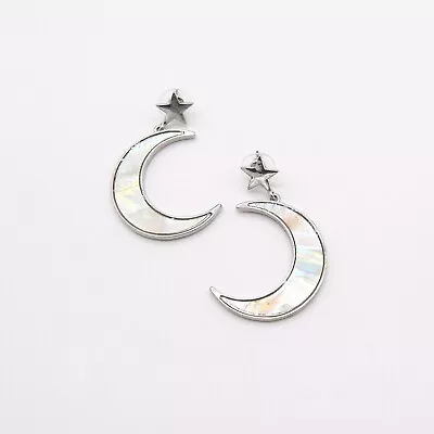 Silver Star And Moon Mother Of Pearl Drop Earrings • $25.49