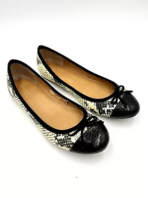 J Crew Snakeskin Leather Cap Toe Ballet Flats Shoes Rubber Sole Black Cream  9 • $24.99