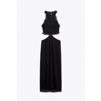 $3.24 • Buy NWT Zara Contrast Pleated Ruffled Midi Dress In Black DAMAGED Womens Size M