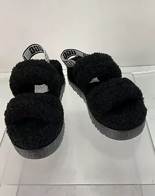 UGG Fluffita Black Curly Sheepskin Fur Flatform Sandals 7 • $40