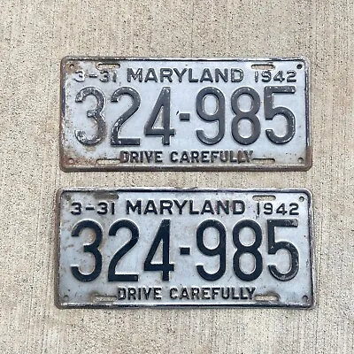 1942 Maryland License Plate Pair 324 985 Ford Dodge Chevy YOM DMV Clear WWII • $245.19