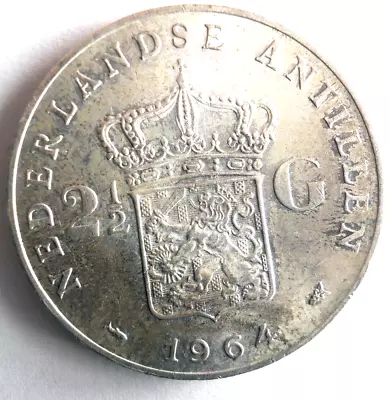 1964 NETHERLANDS ANTILLES 2 1/2 GULDEN - AU/UNC Silver Crown Coin - Lot #A22 • $5.50