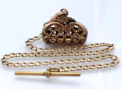 Vintage Gold Filled Pocket Watch Chain With Wax Seal Fob 11.5  Signed • $9.95