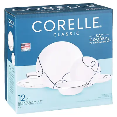 $44.99 • Buy 12-Piece Corelle Lia Round Dinnerware Set, Durable White & Blue Dishes