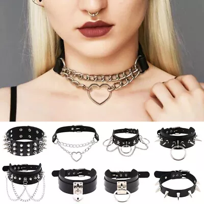 Women Gothic Leather Punk Choker O-Ring Chain Spike Rivet Buckle Collar Necklace • $4.64