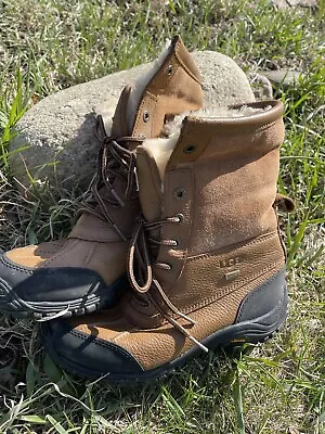 UGG Adirondack Leather Boots Womens 7 Brown Lace Up Shearling Mid Calf • $50