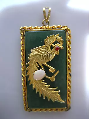 Vintage Chinese Gold Tone Green Jade Bird Characters Pendant • $35.98
