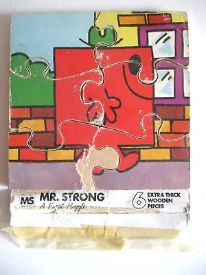 Vintage Mr Men  Mr  STRONG  Thick Wooden Jigsaw Puzzle 6 Pieces 1979 MS PUZZLES • £4.95