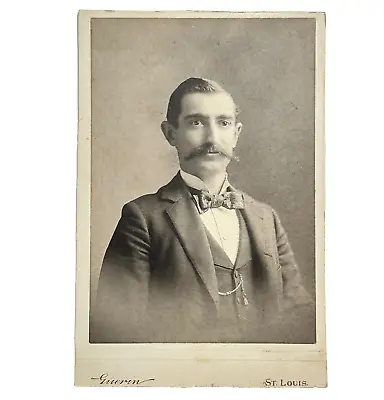 Antique Cabinet Card Photo St Louis Man's Portrait Handle Bar Mustache 1800’s  • $7.98