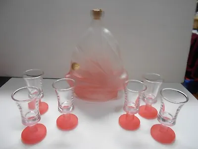 VTG MURANO GLASS ITALY SAILING SHIP DECANTER & CORDIAL GLASSES SET Pink Frosted • $67.50