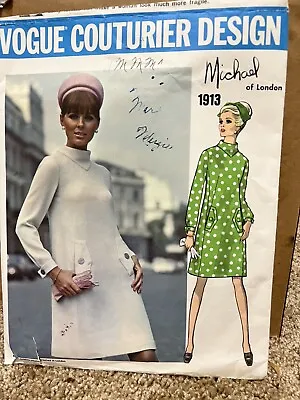 Vogue Couturier Design Michael Of London 1913 Sz 12 Pattern Label Mod Dress 1970 • $17