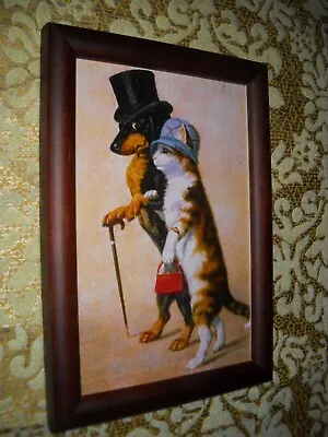 DACHSHUND DOG WALKS WITH MS. KITTY 4 X 6 Brown WOOD Frame Victorian Style Print • $14.99