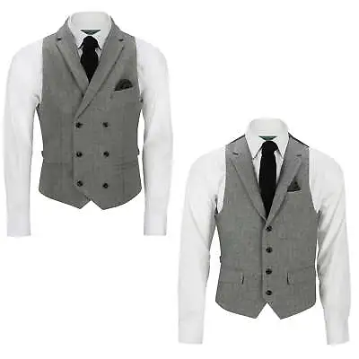 Mens Vintage Martin Grey Herringbone Double Breasted Collar Waistcoat Retro Vest • $49.73